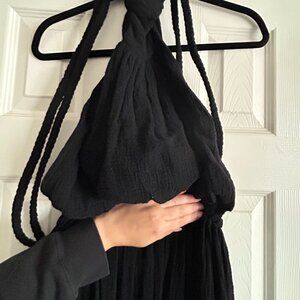 Spiritum Tulum Black Gauze Maxi Halter Backless Dress (with belt)